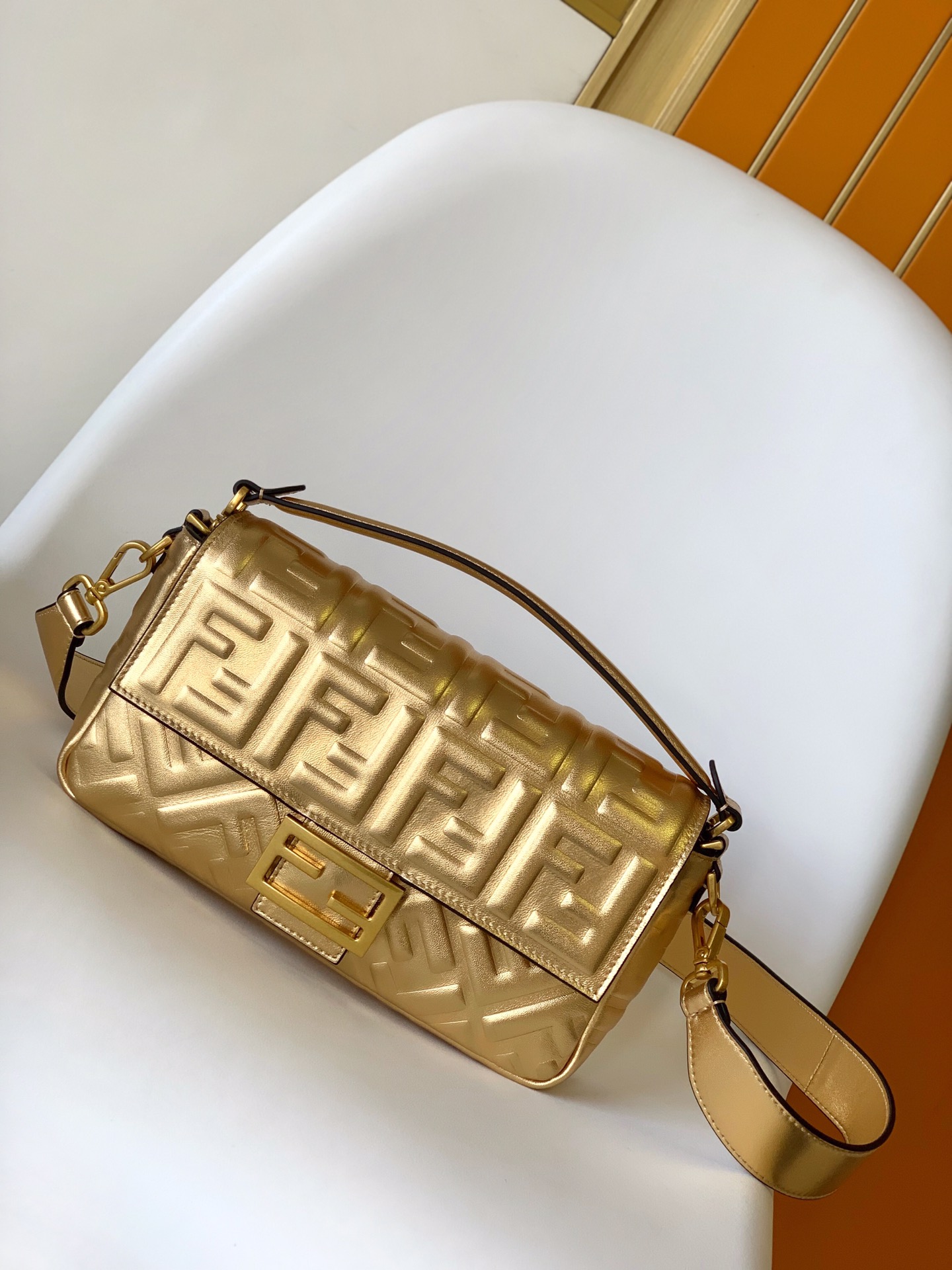 Fendi Medium Baguette Nappa Leather with FF Motif Shoulder Bag Gold